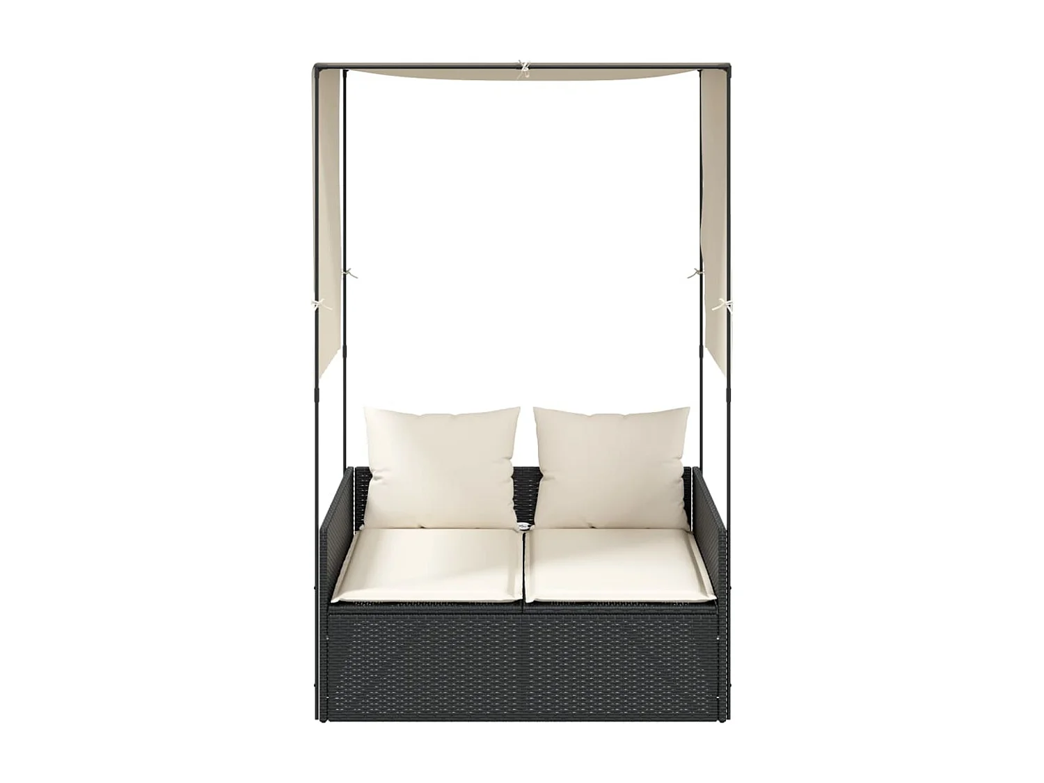 Chaise longue double avec toit et rideaux noir résine tressée