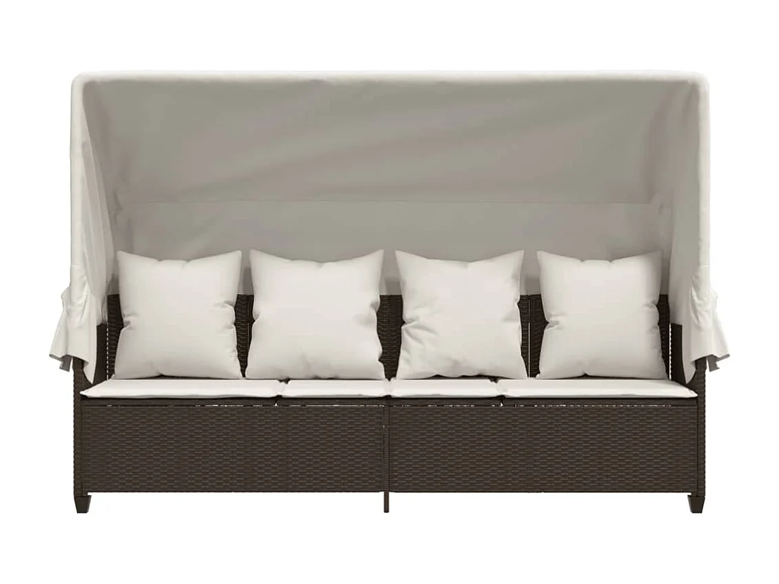 Liegestuhl mit Baldachin und braunen Kissen aus gewebtem Harz