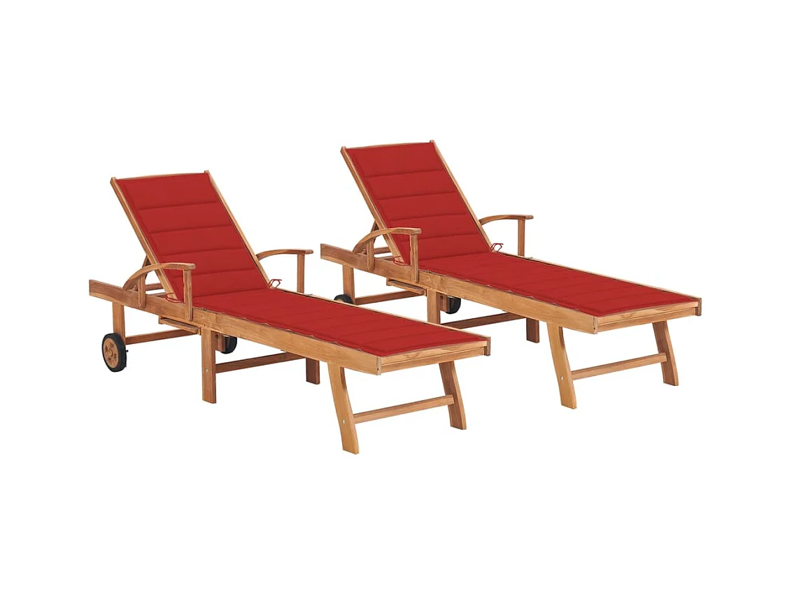 Set di 2 poltrone lounge con cuscino rosso. Legno massello di teak