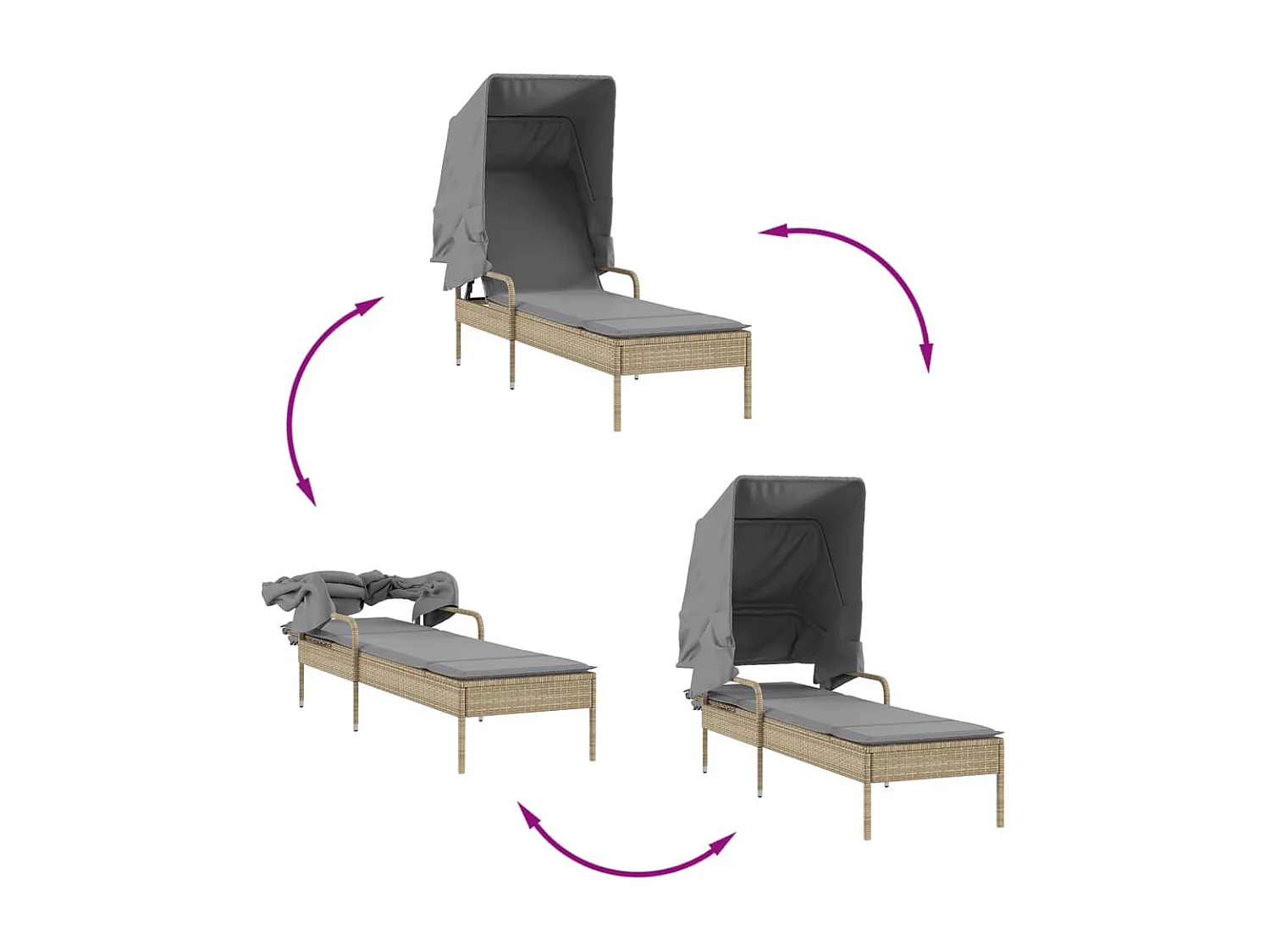 Chaise longue avec auvent et table beige résine tressée