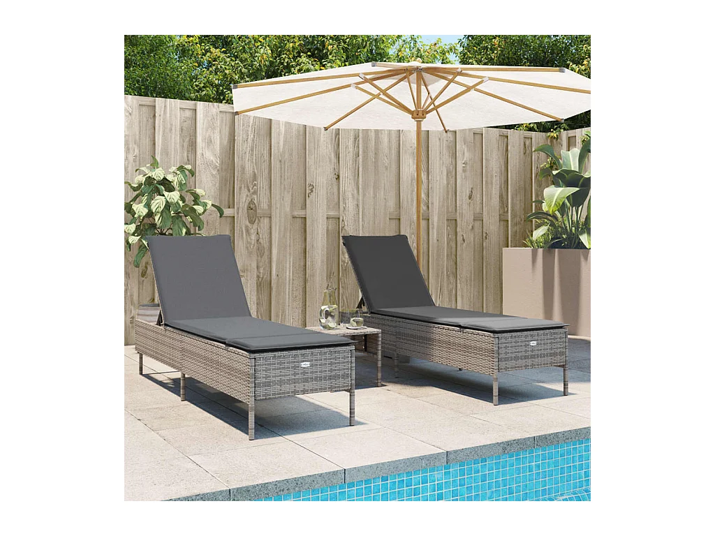Ensemble de chaises longues avec coussins 3 pcs gris poly rotin