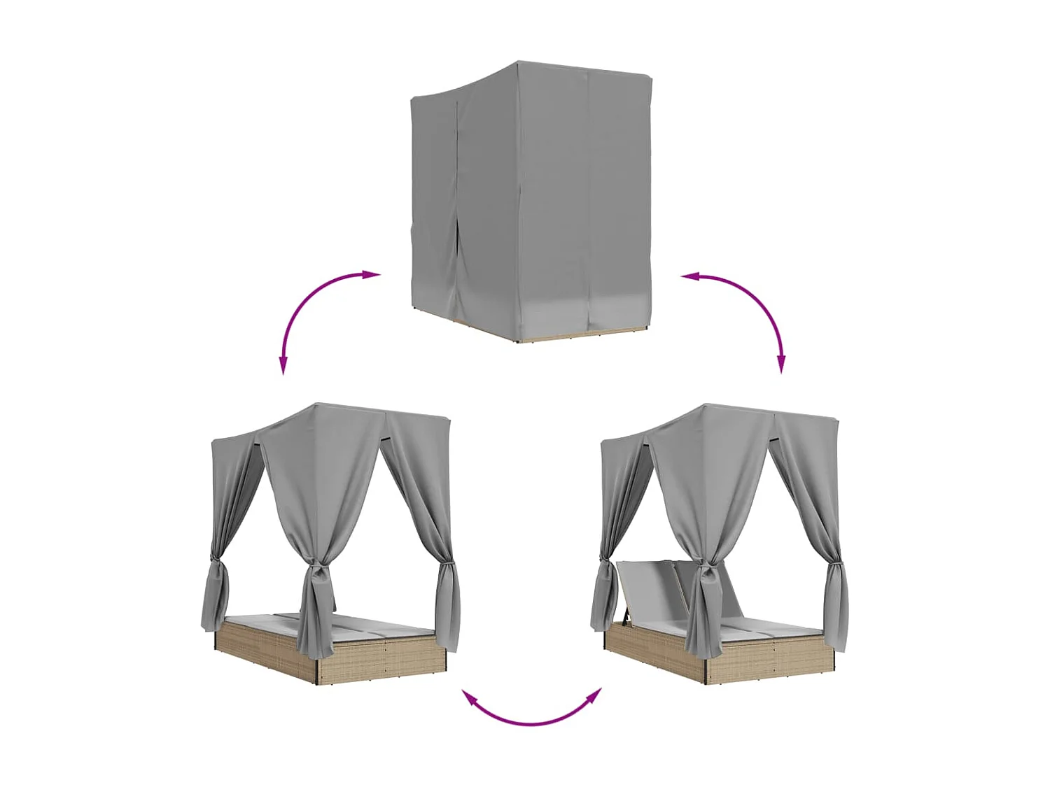 Chaise longue double avec toit et rideaux beige résine tressée