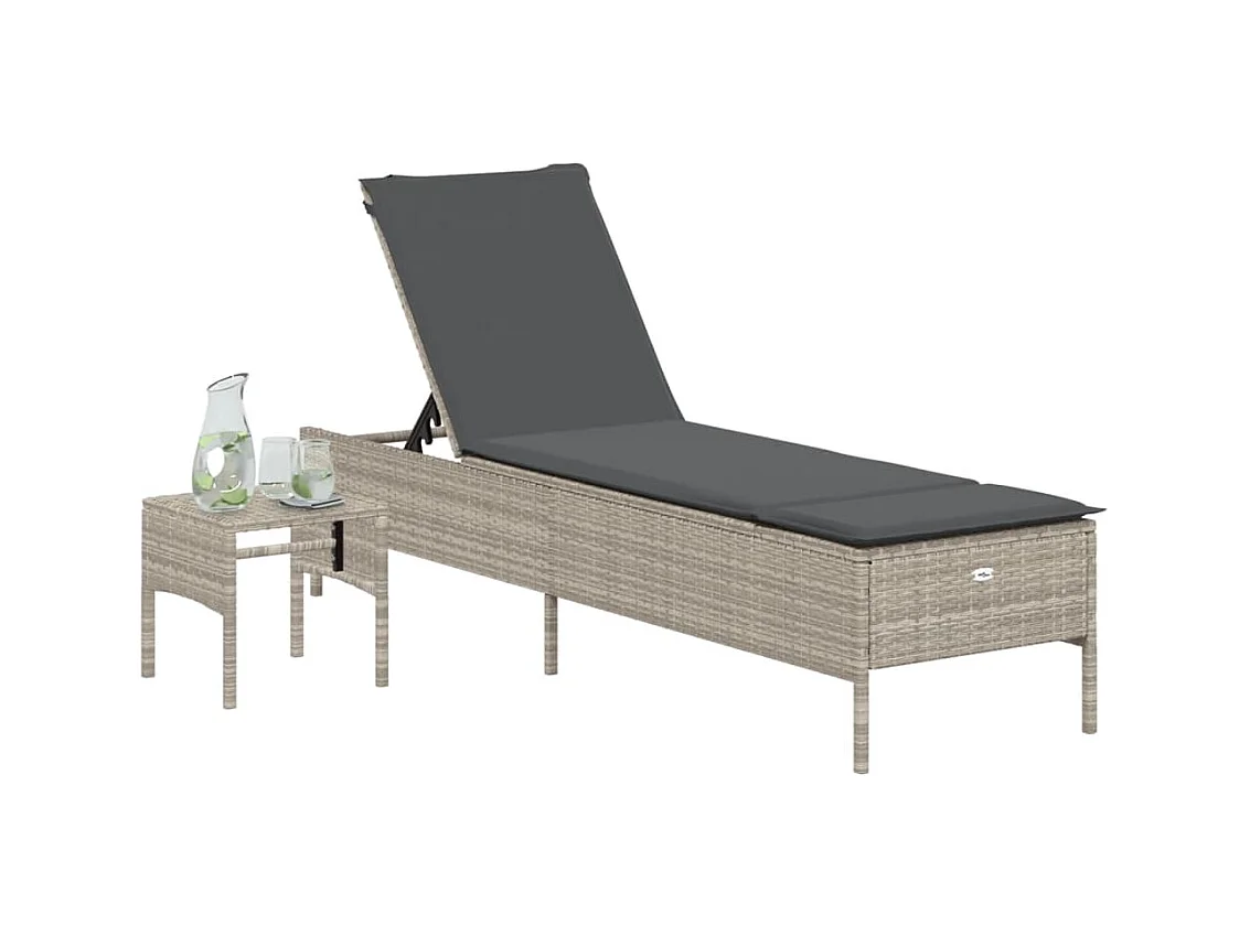 Chaise longue avec table et coussin gris clair résine tressée