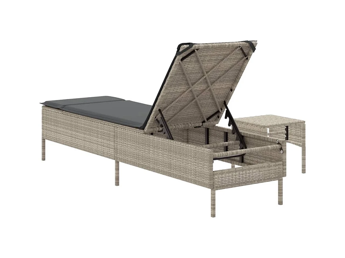 Chaise longue avec table et coussin gris clair résine tressée
