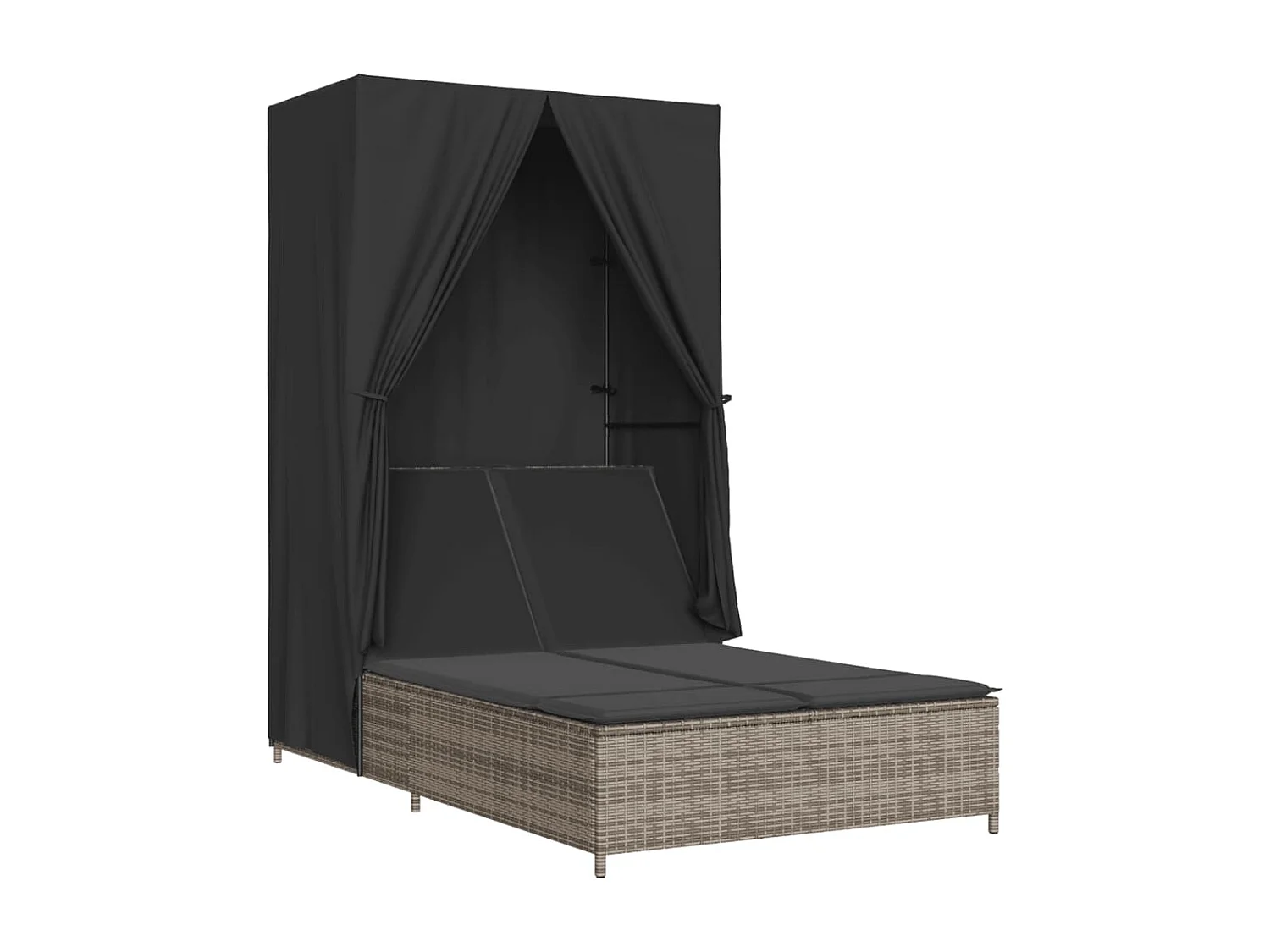 Chaise longue double avec toit et rideaux gris résine tressée