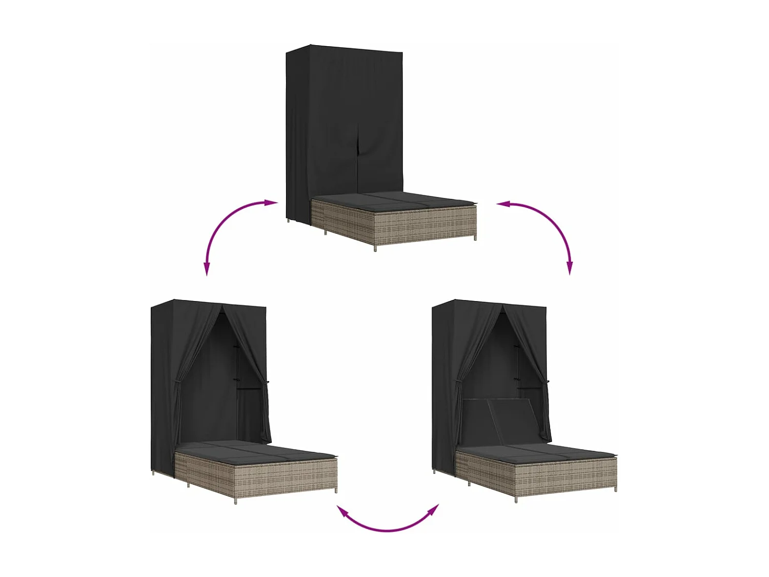 Chaise longue double avec toit et rideaux gris résine tressée