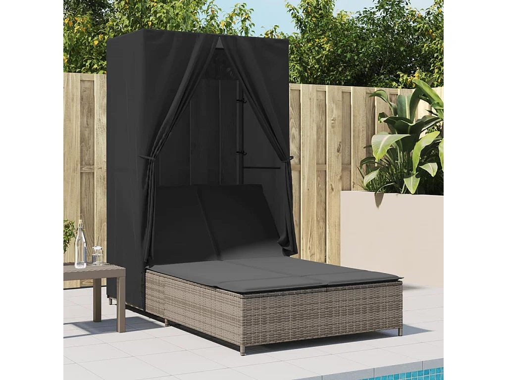 Chaise longue double avec toit et rideaux gris résine tressée