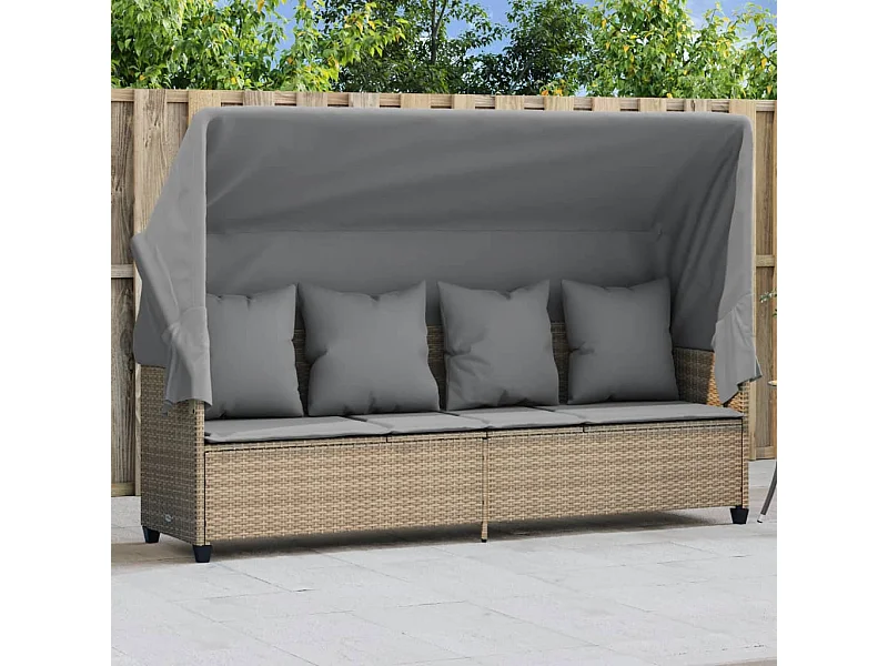 Chaise longue avec auvent et coussins beige résine tressée