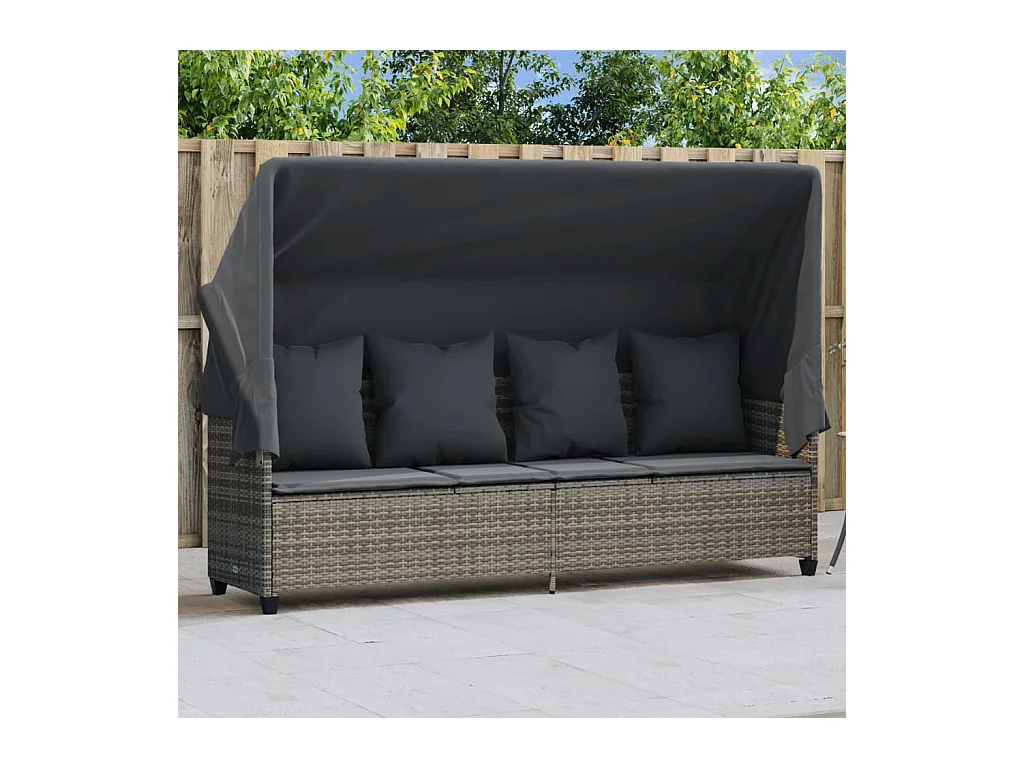Chaise longue avec auvent et coussins gris résine tressée