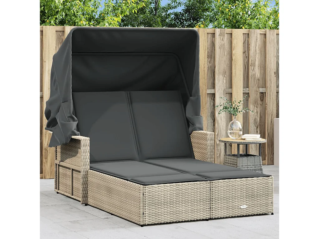 Chaise longue double avec auvent et coussins gris clair rotin