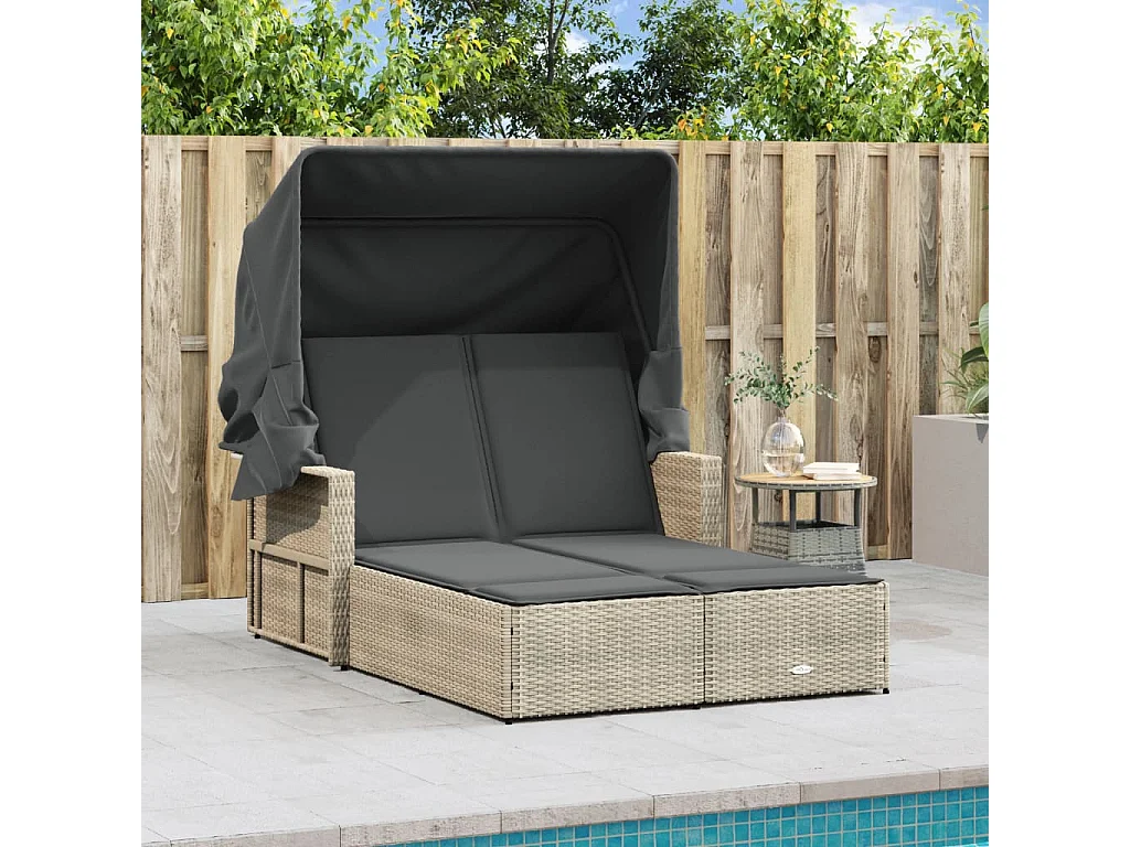 Chaise longue double avec auvent et coussins gris clair rotin