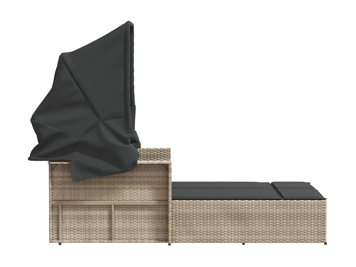 Chaise longue double avec auvent et coussins gris clair rotin