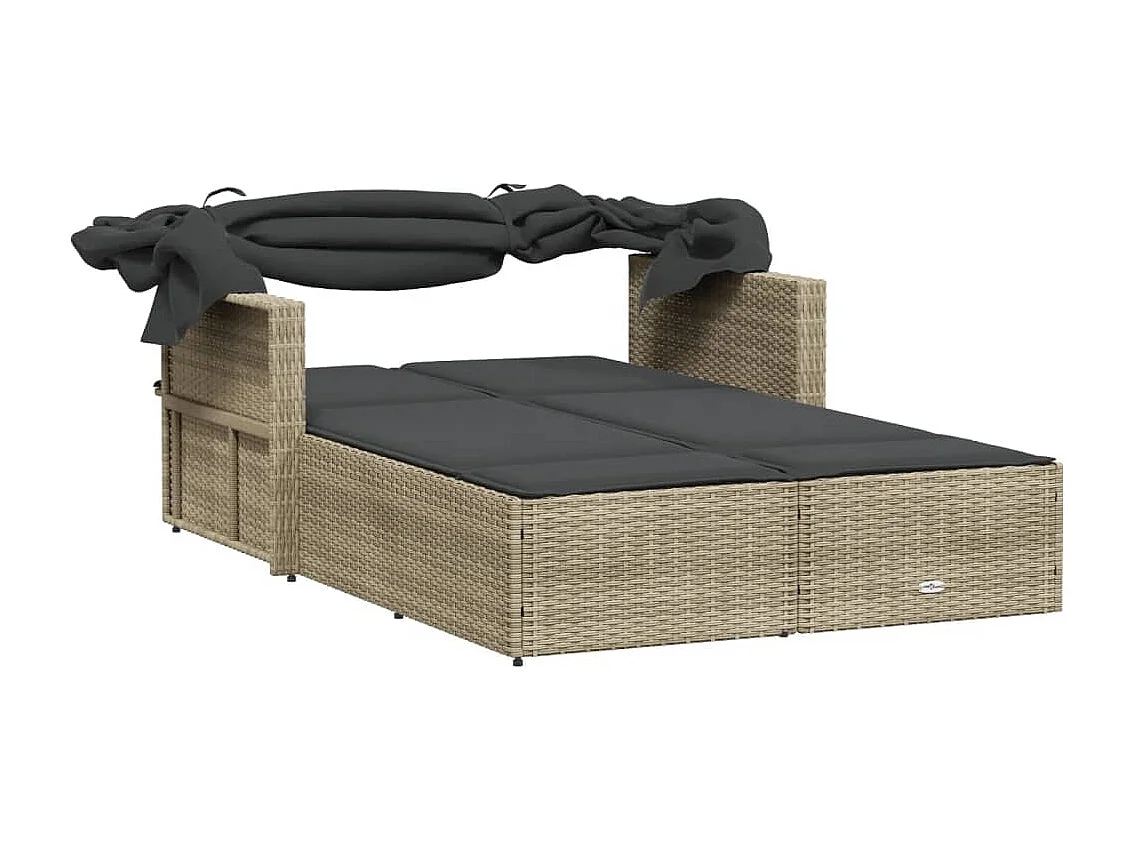 Chaise longue double avec auvent et coussins gris clair rotin