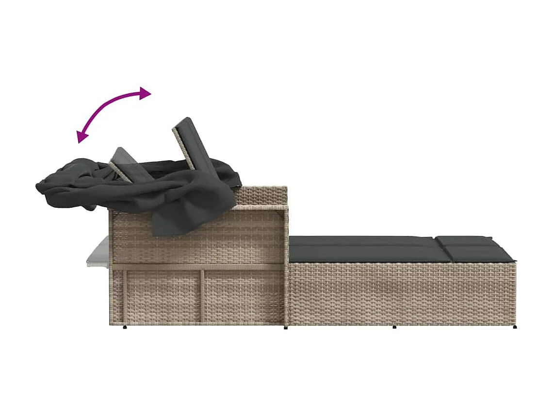 Doppel-Loungesessel mit Baldachin und hellgrauen Rattankissen