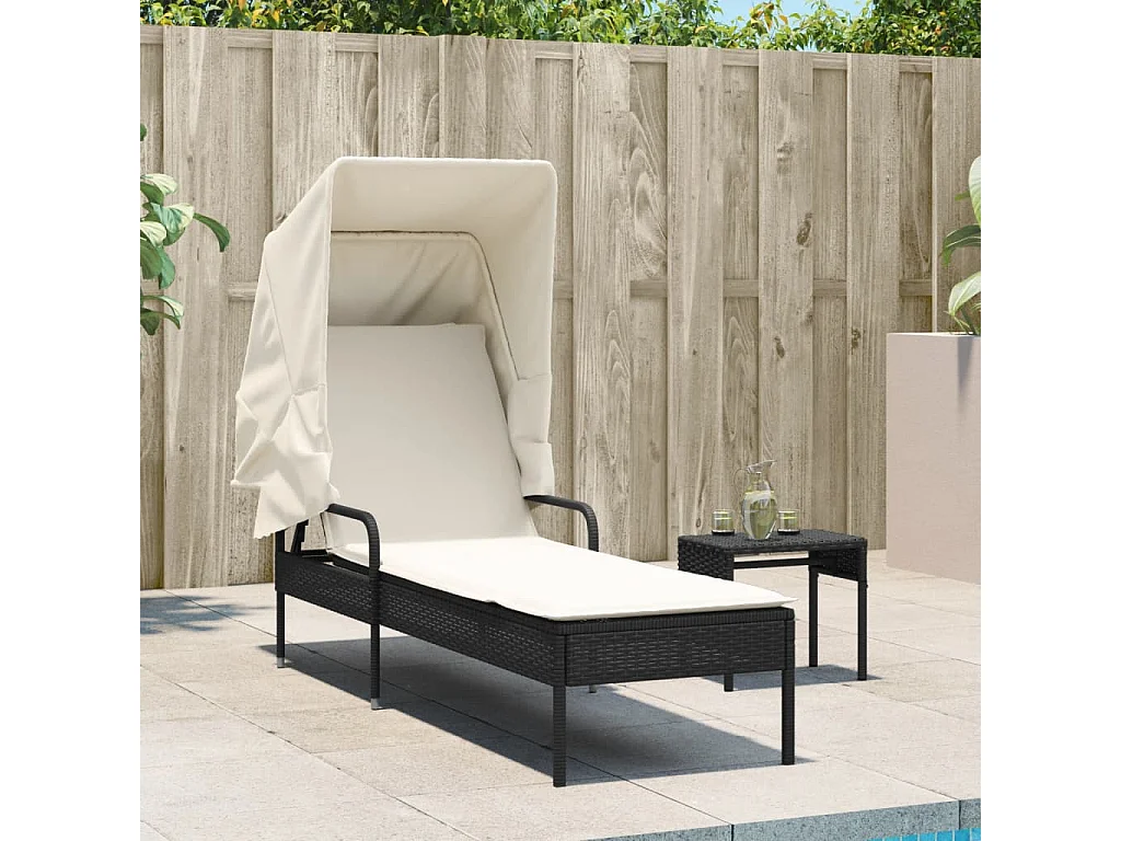 Chaise longue avec auvent et table noir résine tressée