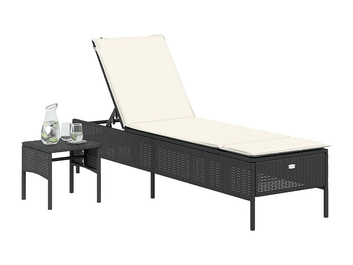 Chaise longue avec table et coussin noir résine tressée