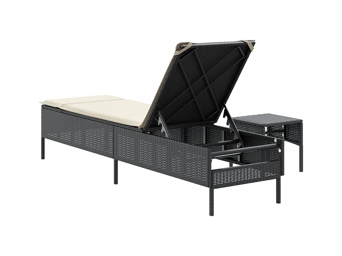 Chaise longue avec table et coussin noir résine tressée