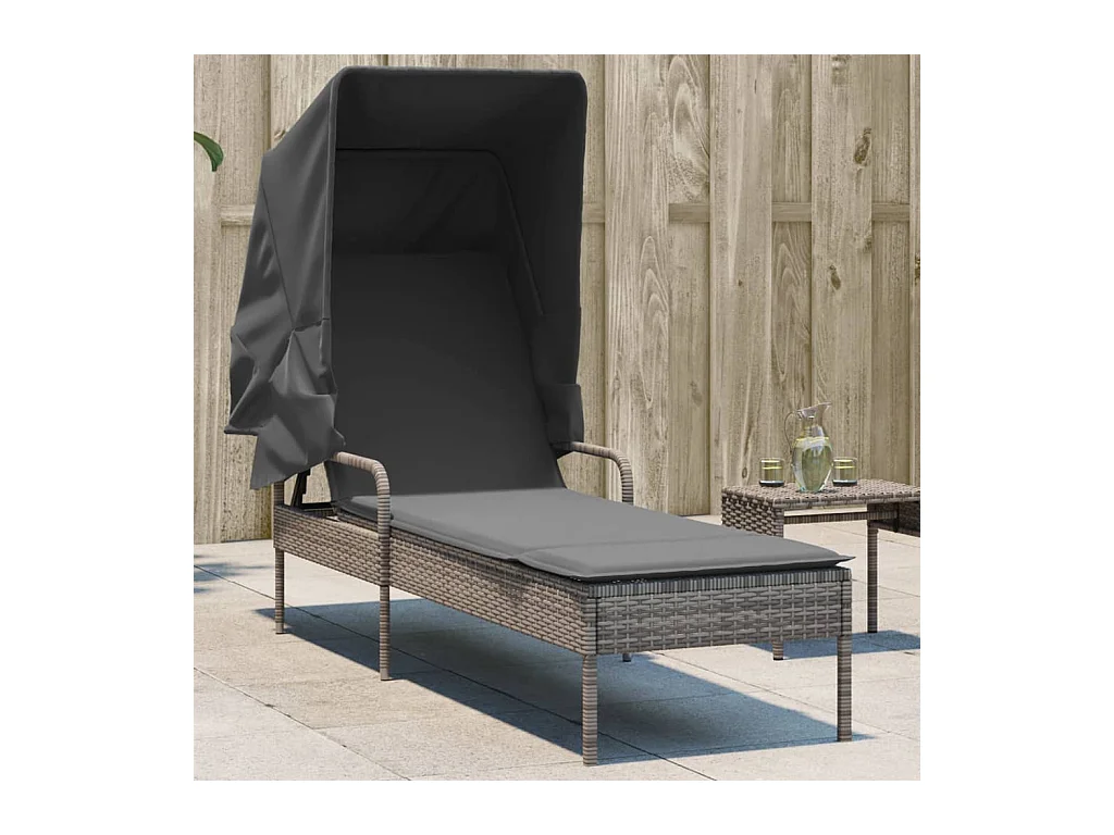 Chaise longue avec auvent gris résine tressée
