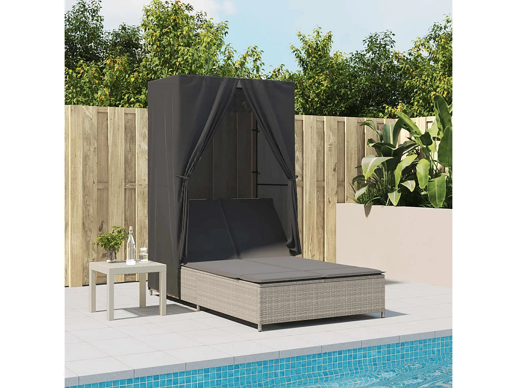 Poltrona lounge doppia con tetto in polyrattan grigio chiaro e tende