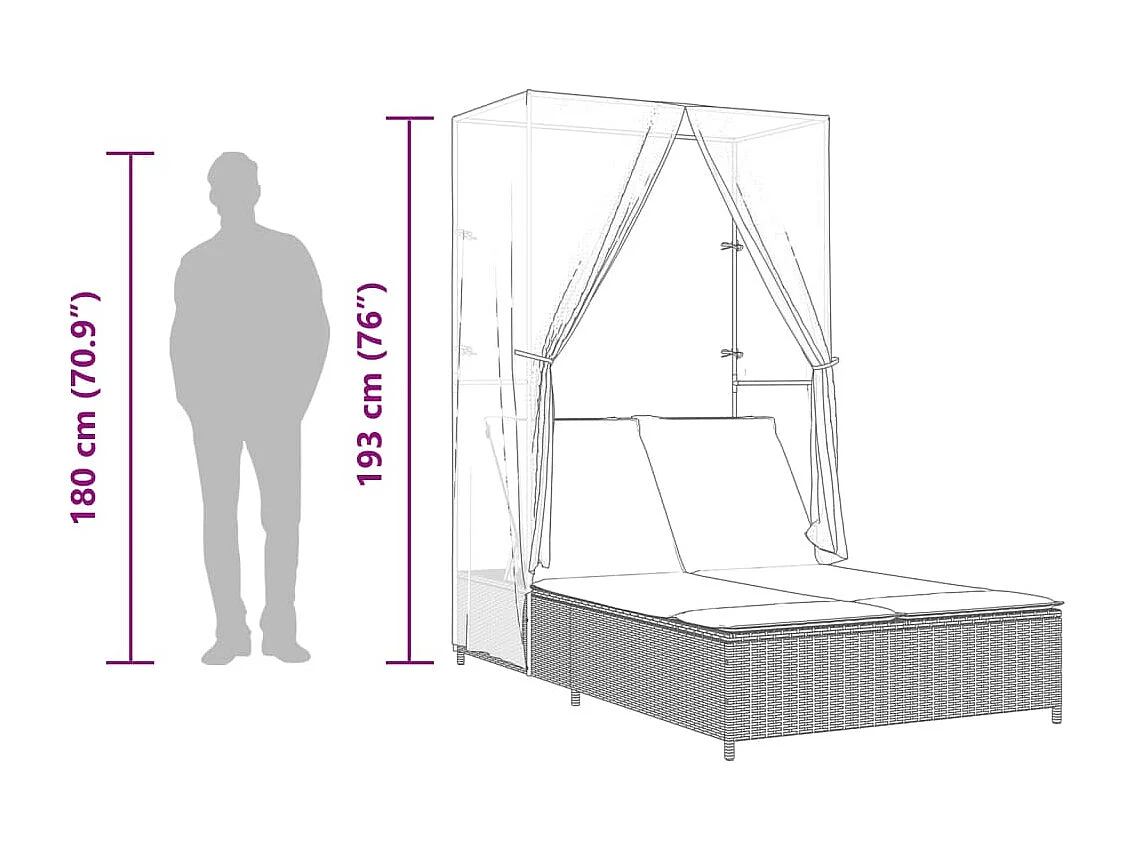 Poltrona lounge doppia con tetto in polyrattan grigio chiaro e tende