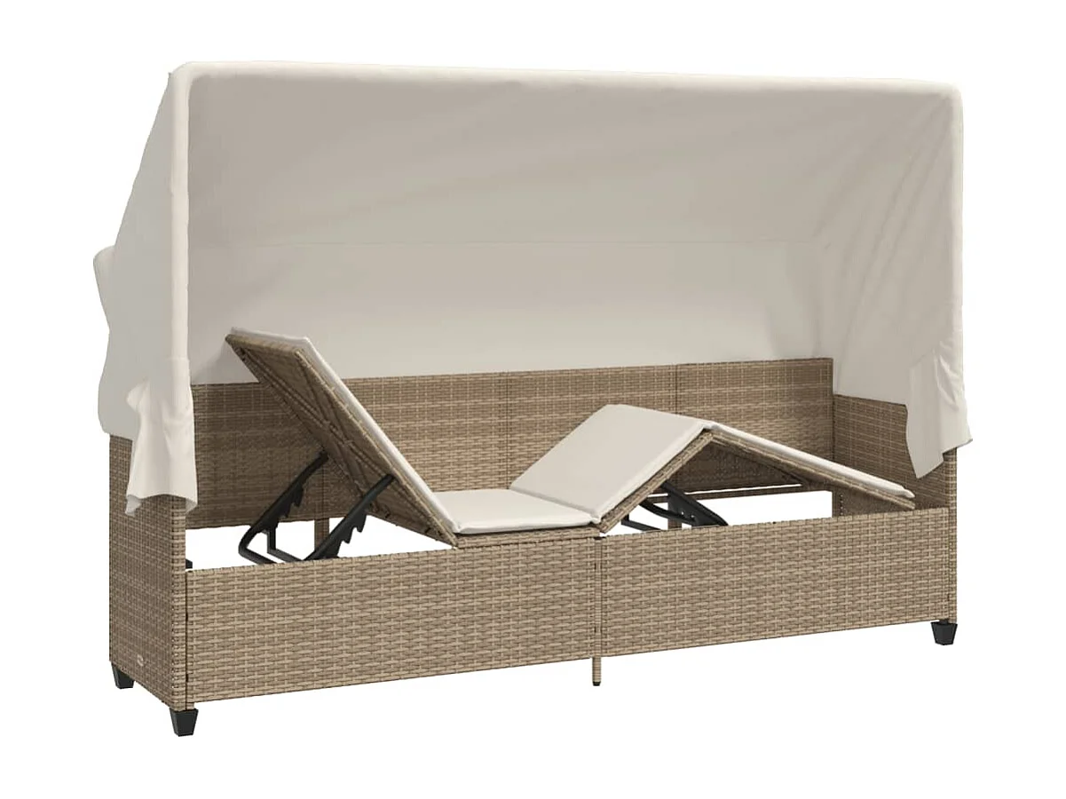 Chaise longue avec auvent et coussins beige résine tressée