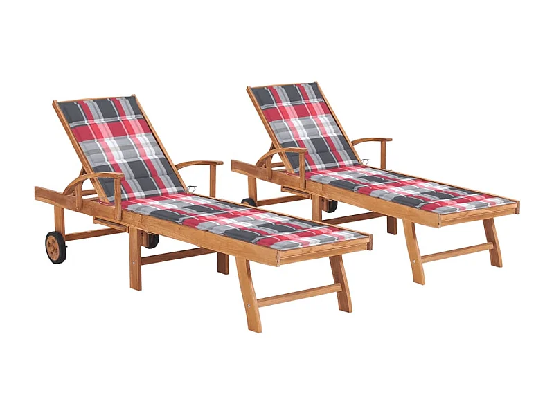 Ligstoelen set van 2 en rood geruit kussen Massief teakhout