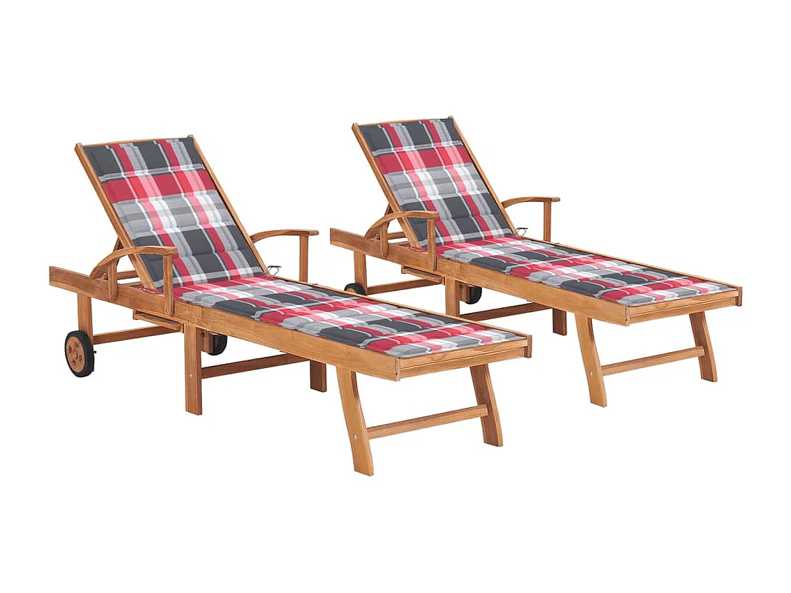 Ligstoelen set van 2 en rood geruit kussen Massief teakhout