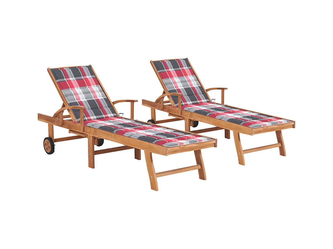 Chaises longues lot de 2 et coussin carreaux rouge Teck solide