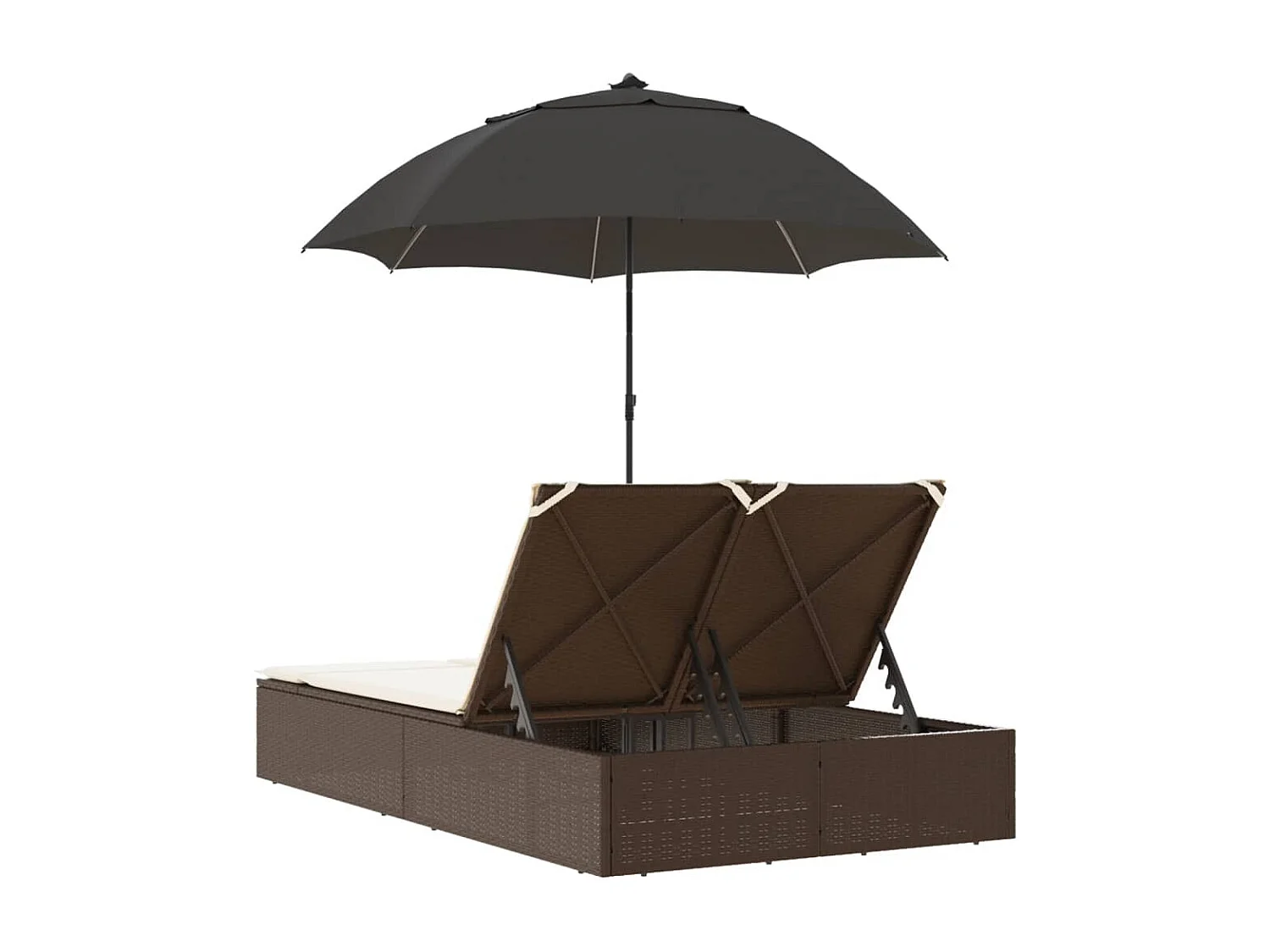 Poltrona lounge doppia con cuscini e ombrellone in polyrattan marrone