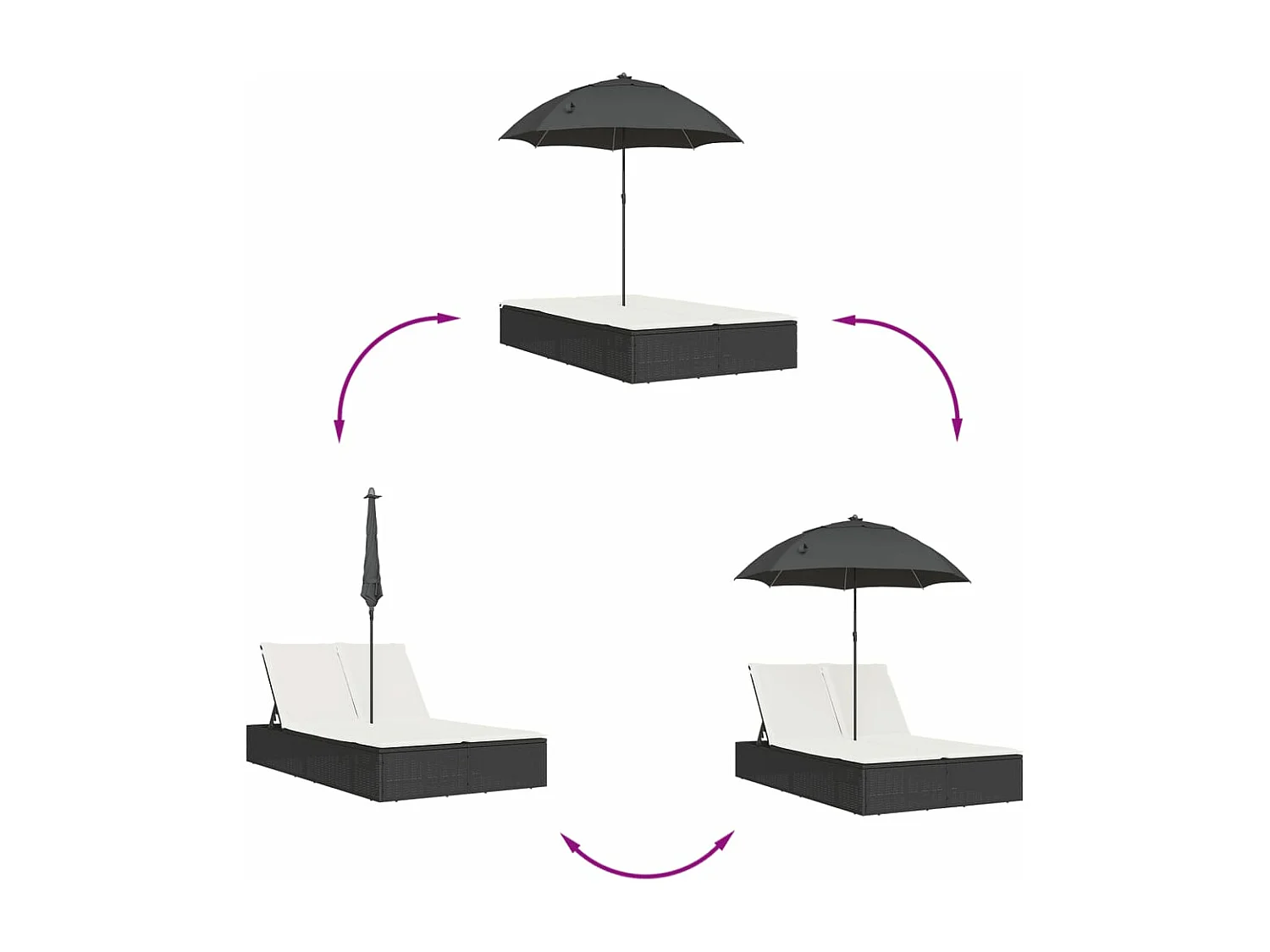 Poltrona lounge doppia con cuscini e ombrellone in polyrattan marrone