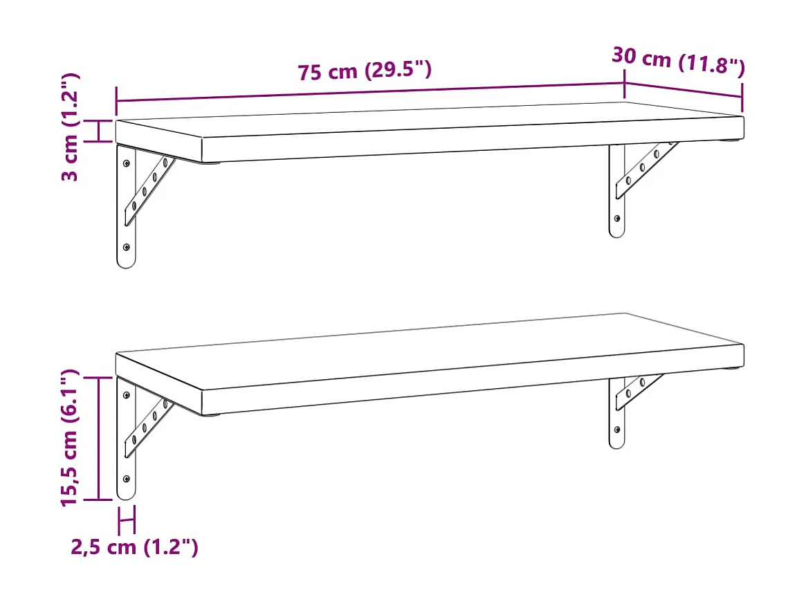 Prateleiras de parede 2 pcs 75x30 cm aço inoxidável prateado