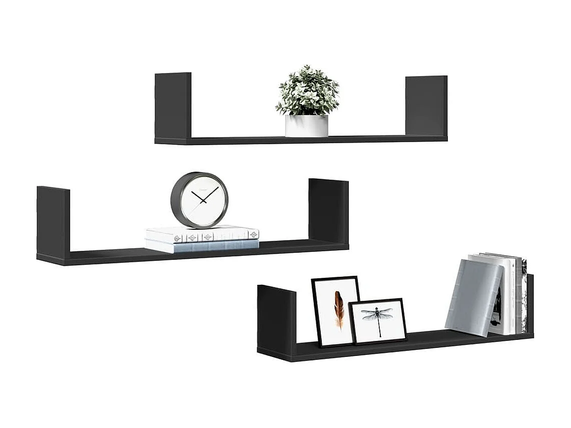 Estantes de pared 3 uds madera de ingeniería negro 80x18x18 cm