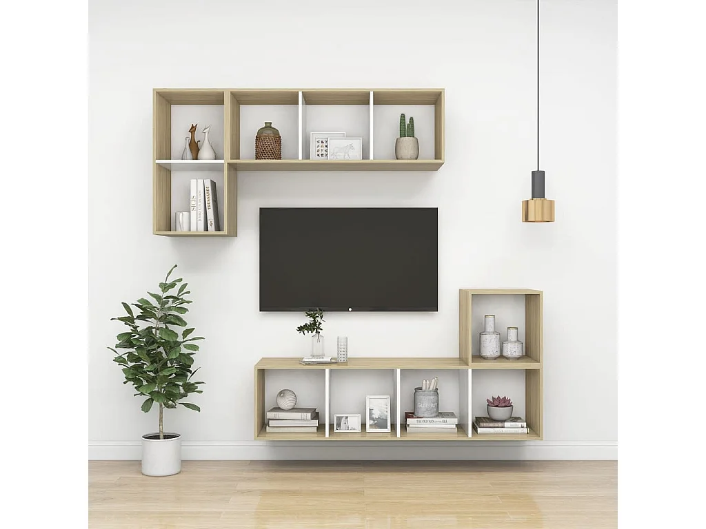 Armários parede 4pcs derivados madeira branco e carvalho sonoma