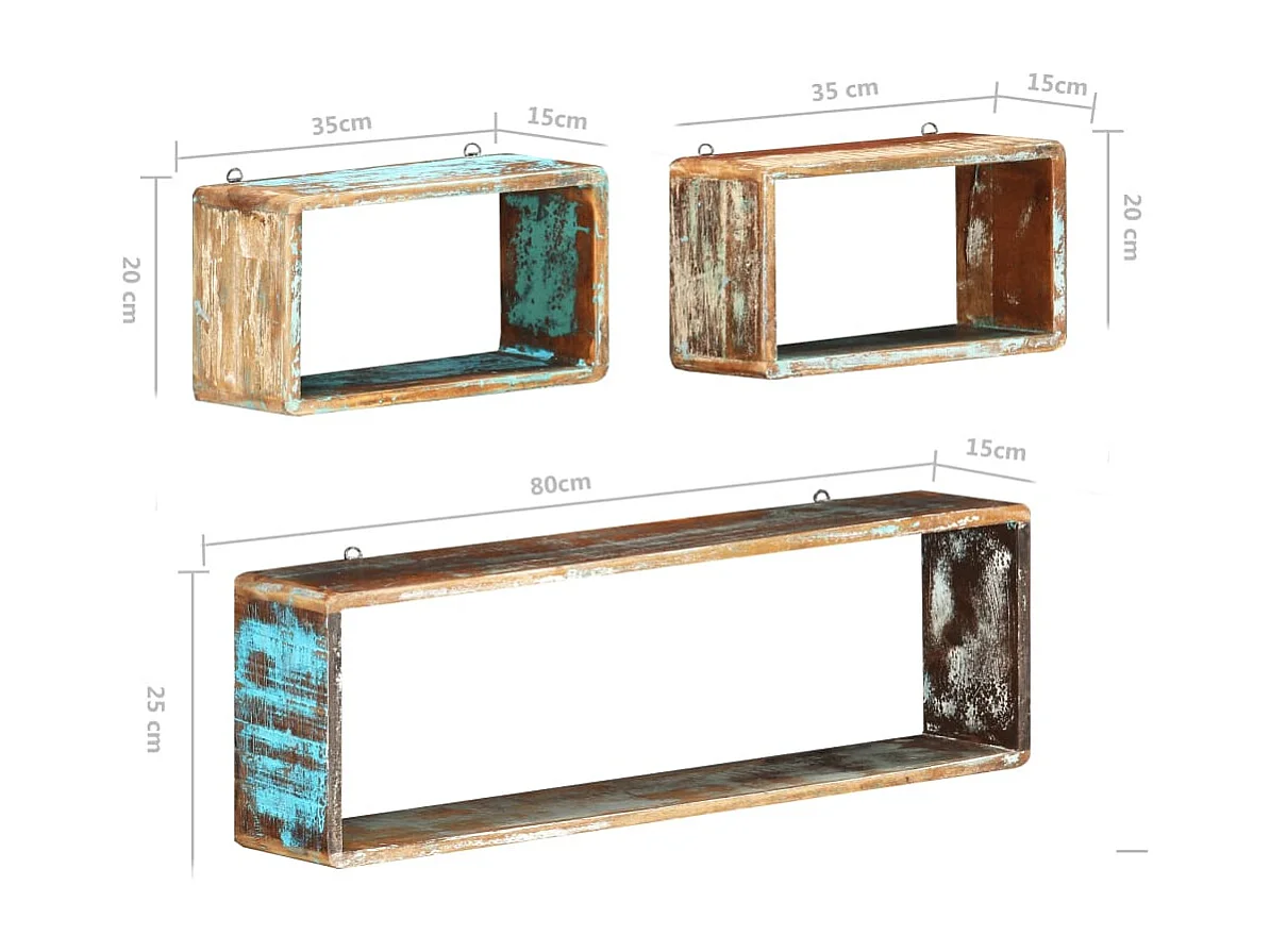 Juego de estantes cubo de pared 3 pzas madera maciza reciclada