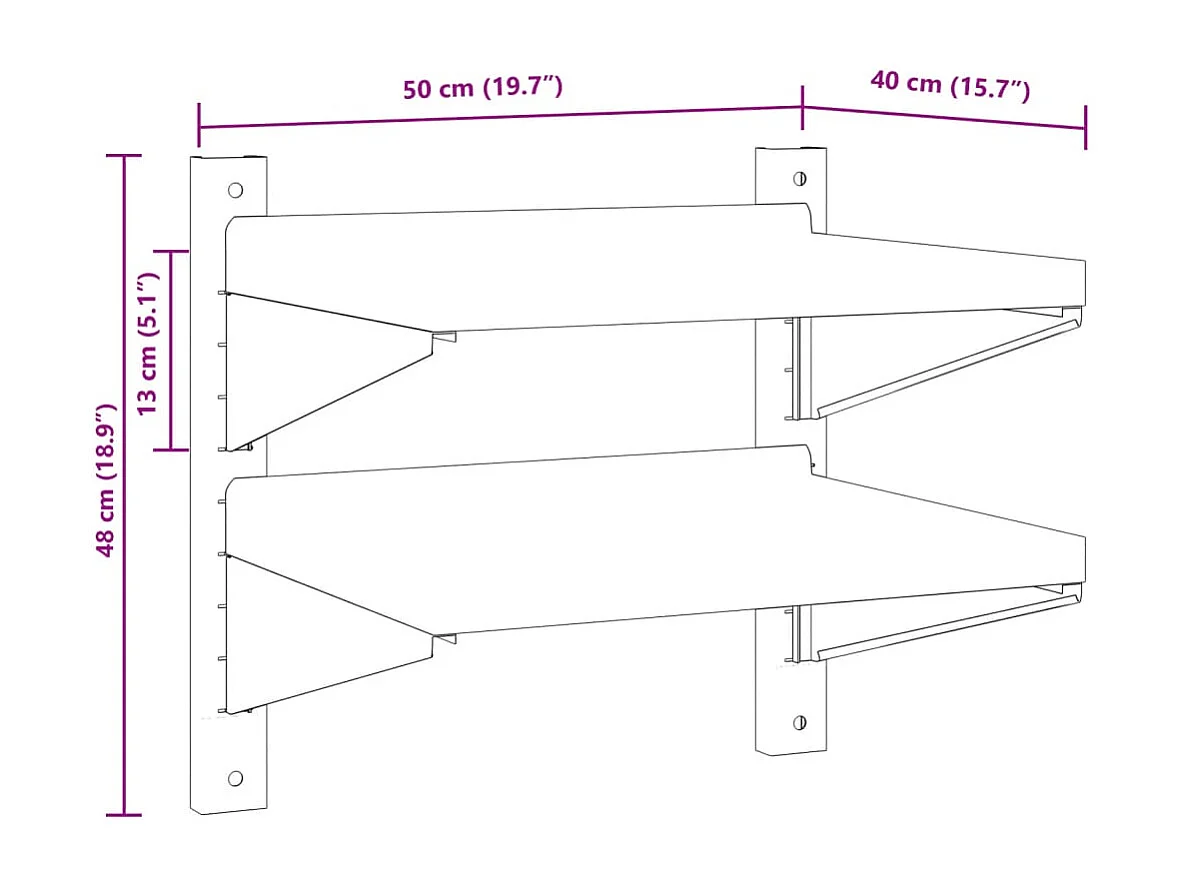 Mensola Muro 2 Ripiani 50x40x60cm Argento Acciaio Inossidabile
