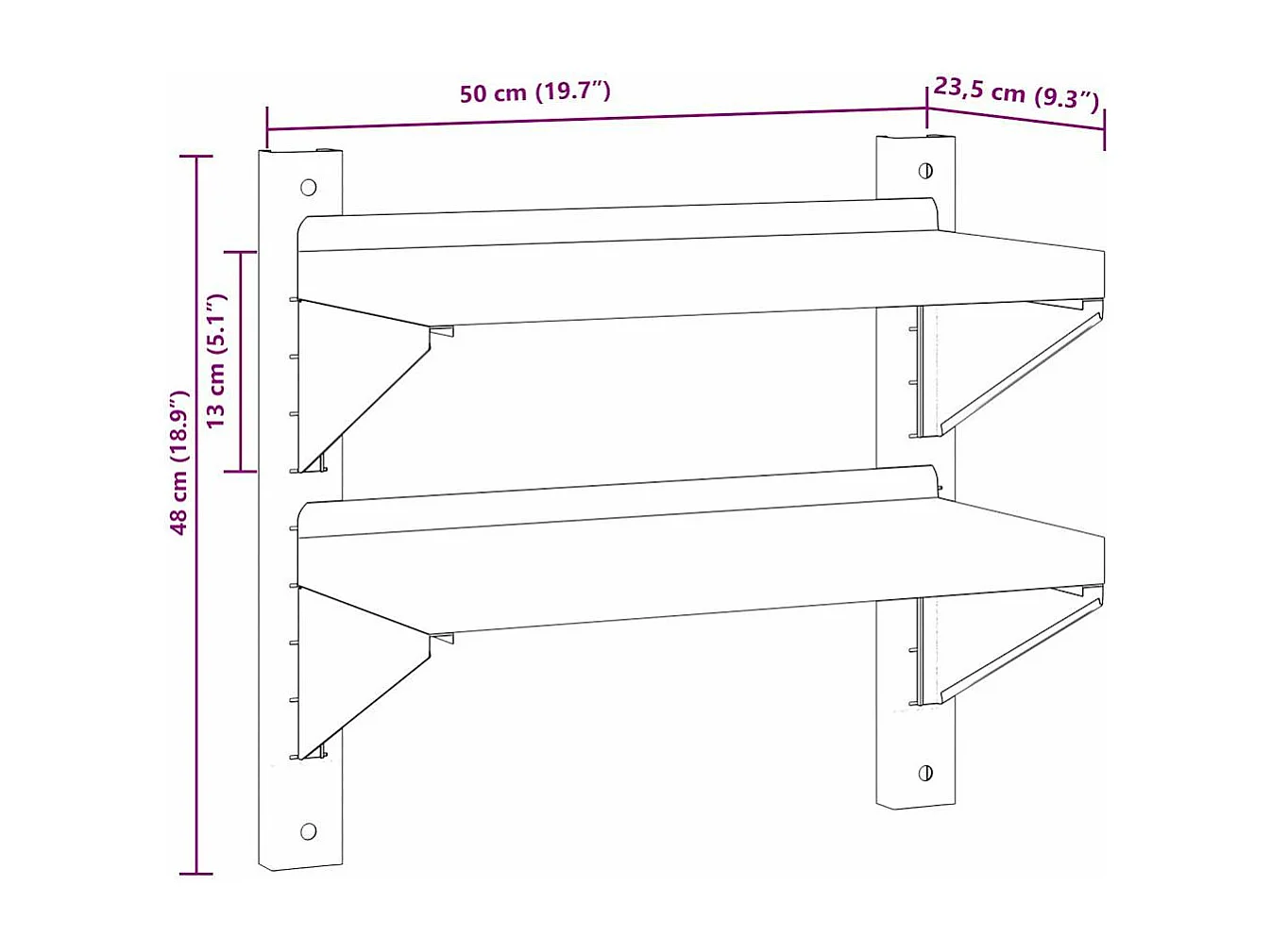 Étagère murale 2 niveaux 50x23,5x60 cm argenté acier inoxydable