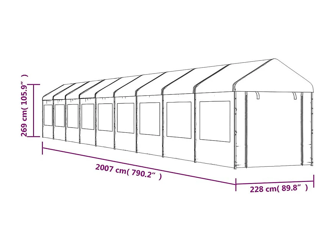 Belvédère avec toit blanc 20,07x2,28x2,69 m polyéthylène