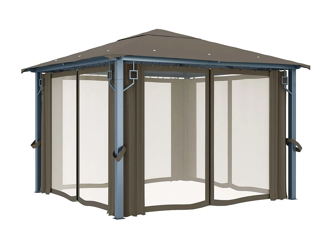 Pavillon mit Vorhängen & LED-Lichterkette 300x300 cm Taupe Alu