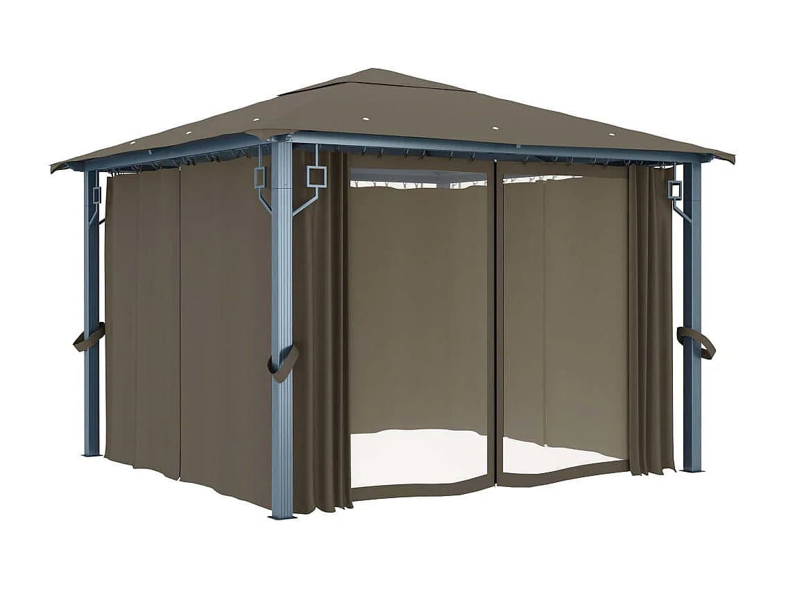 Pavillon mit Vorhängen & LED-Lichterkette 300x300 cm Taupe Alu