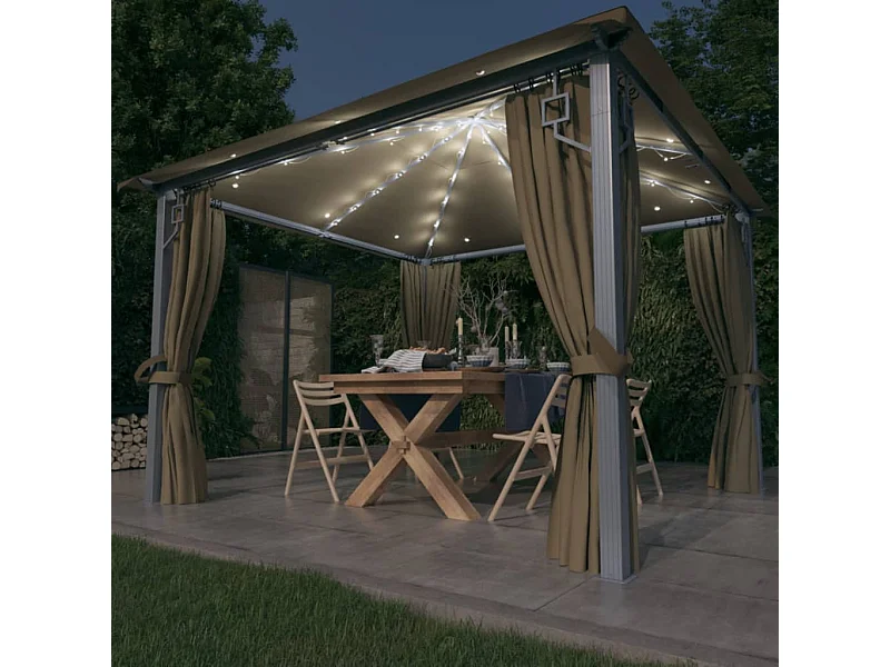 Tonnelle avec rideau et lumières LED 3x3 m Taupe Aluminium