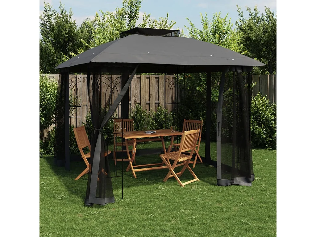 Tonnelle avec double toit et parois en filet anthracite acier