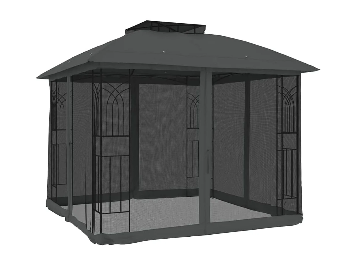Tonnelle avec double toit et parois en filet anthracite acier