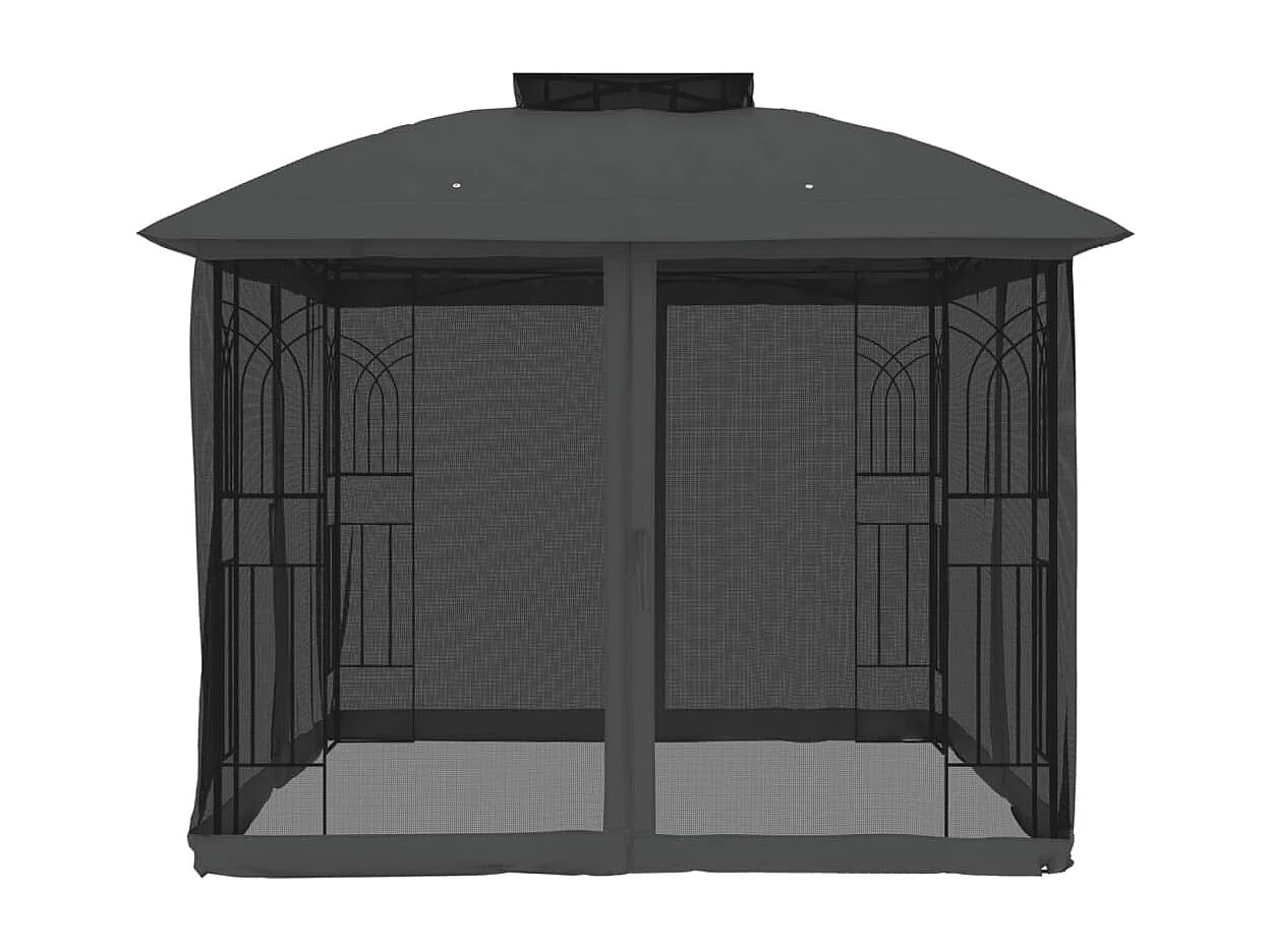 Tonnelle avec double toit et parois en filet anthracite acier