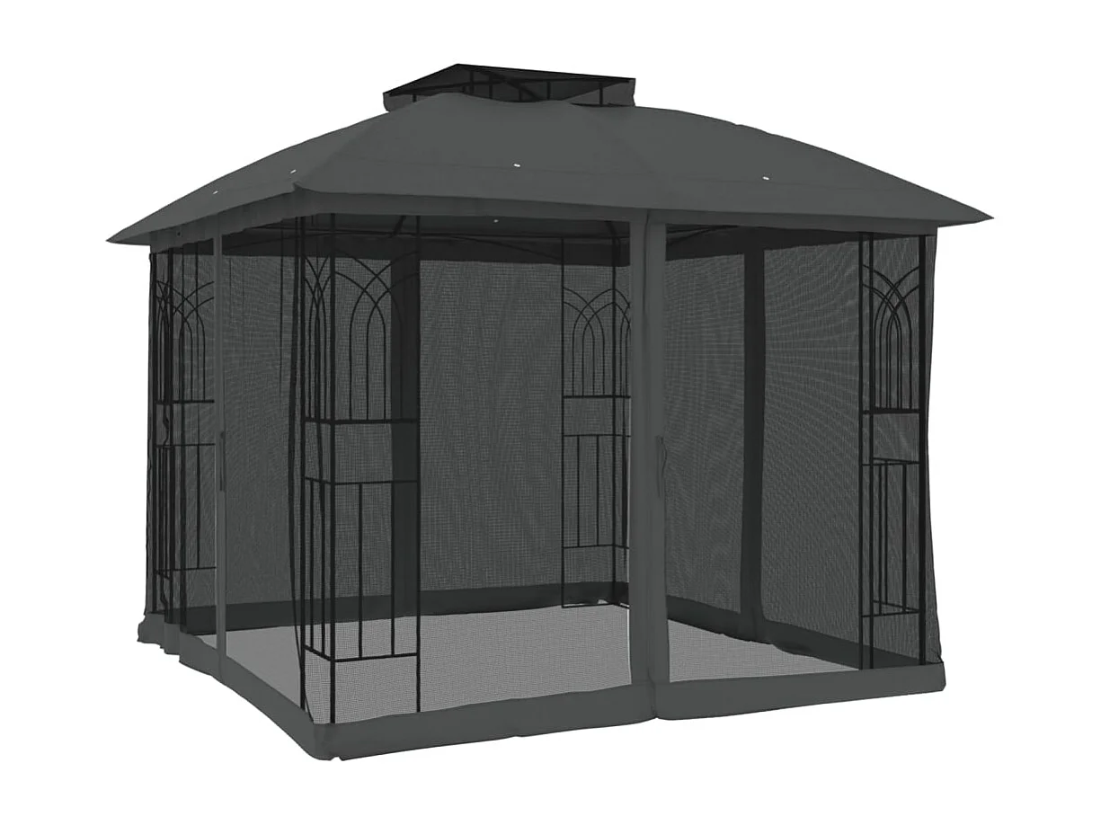 Tonnelle avec double toit et parois en filet anthracite acier