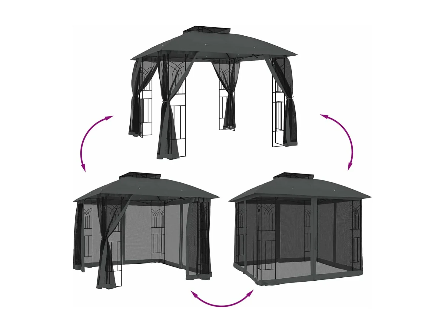 Tonnelle avec double toit et parois en filet anthracite acier