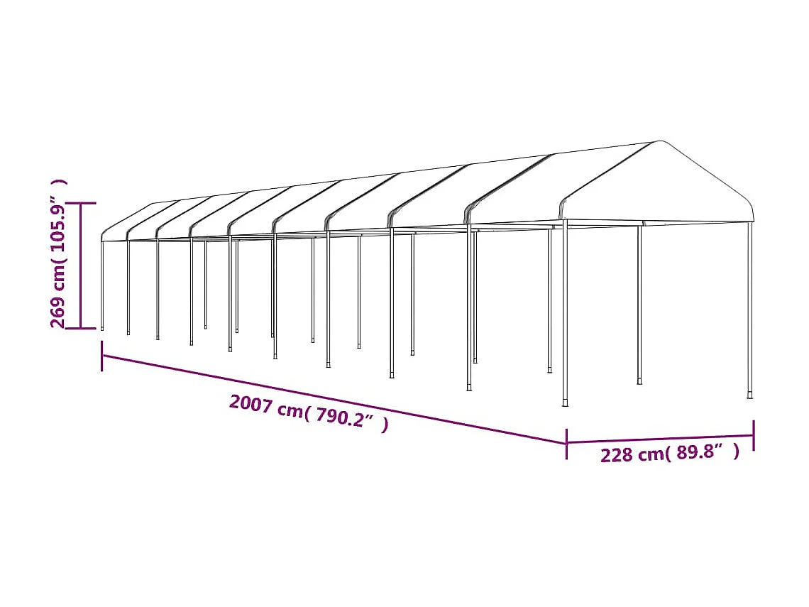 Cenador con techo polietileno blanco 20,07x2,28x2,69 m