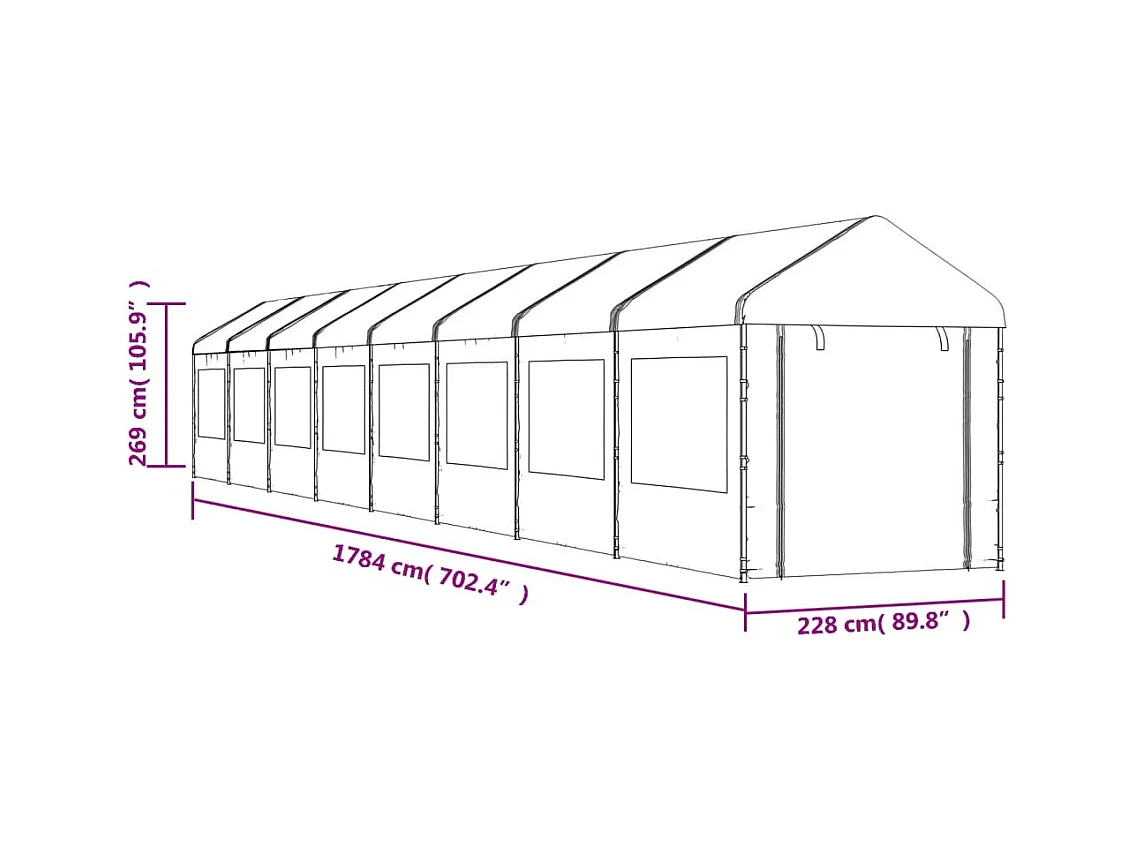 Cenador con techo polietileno blanco 17,84x2,28x2,69 m