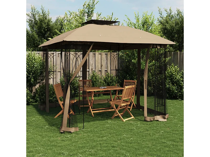 Tonnelle avec double toit et parois en filet taupe acier