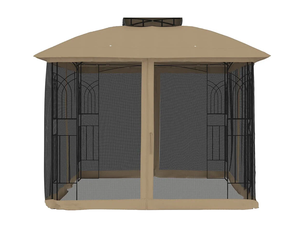 Tonnelle avec double toit et parois en filet taupe acier