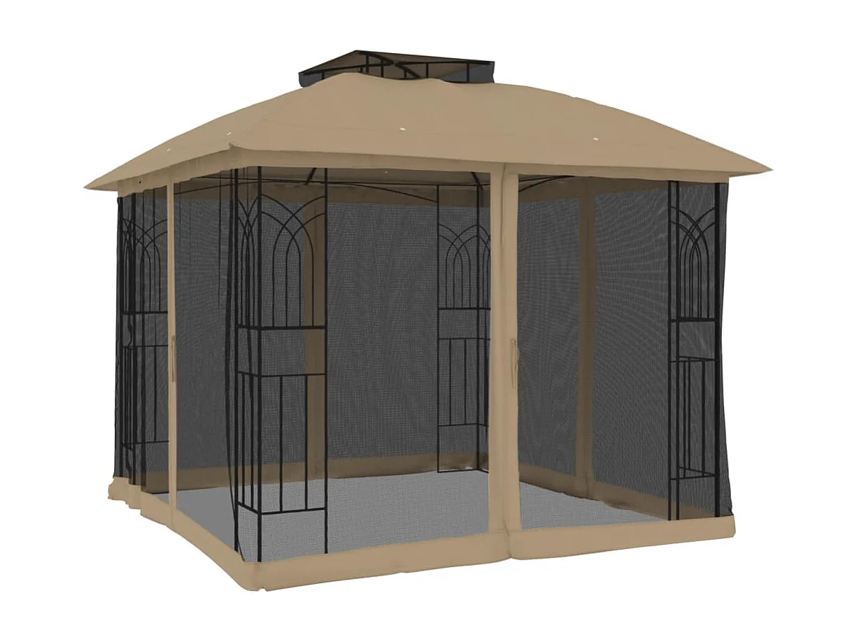 Tonnelle avec double toit et parois en filet taupe acier